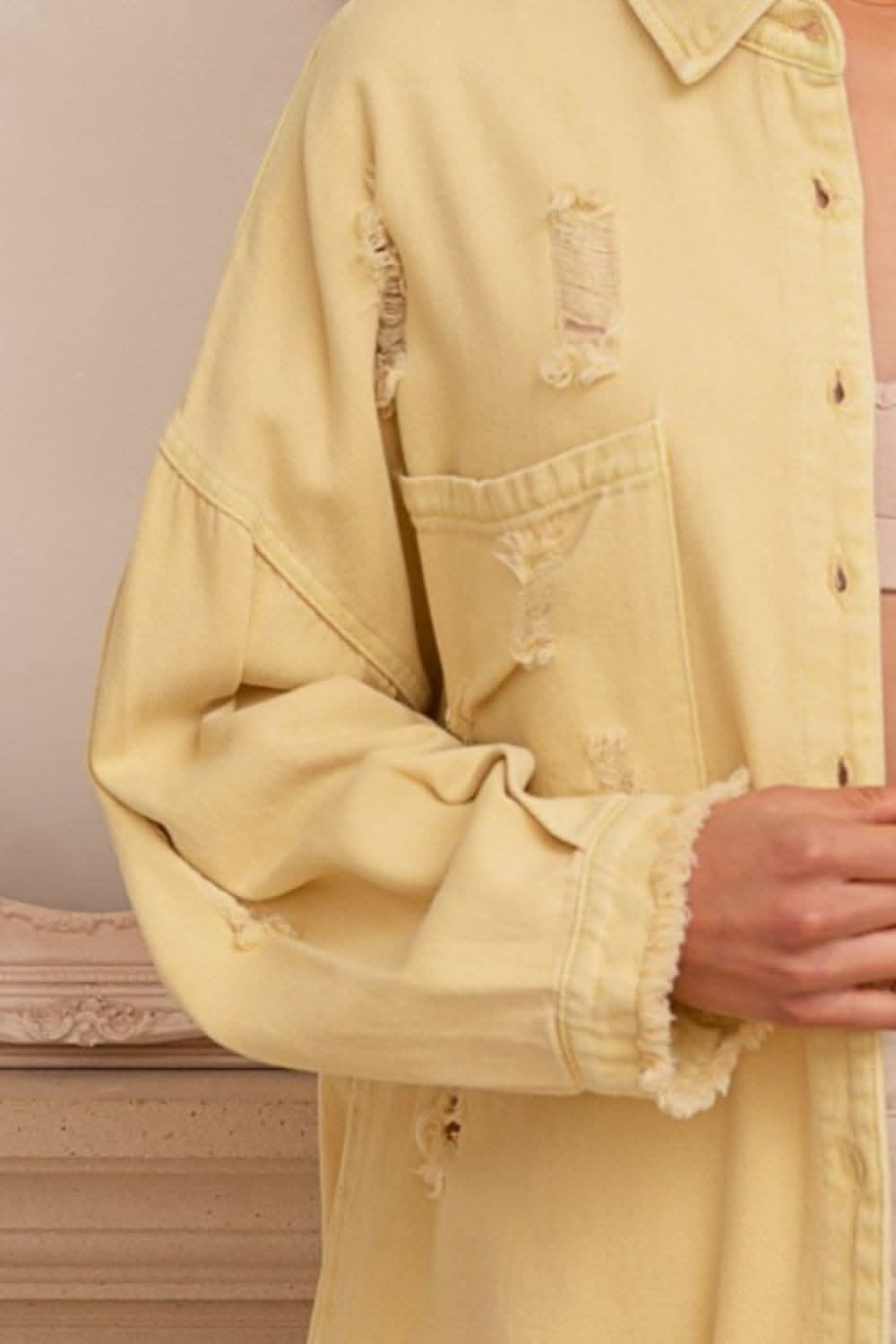 POL Button Down Raw Hem Distressed Shacket - Love Salve 