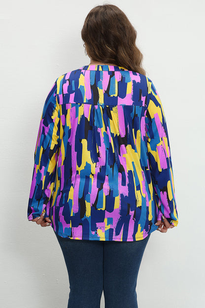 Chic blue plus size brushstroke print blouse with 3/4 sleeves