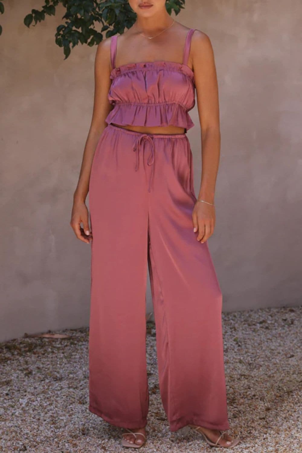 Ruffled Sleeveless Top and Wide Leg Pants Set.