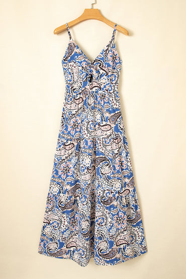 Blue Paisley Print Twist Detail Smocked Back Dress