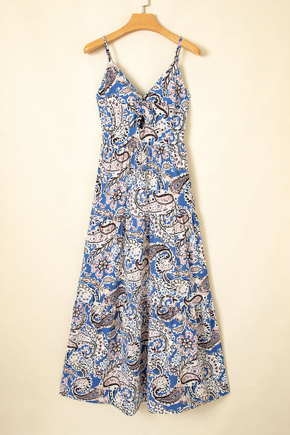 Blue Paisley Print Twist Detail Smocked Back Dress