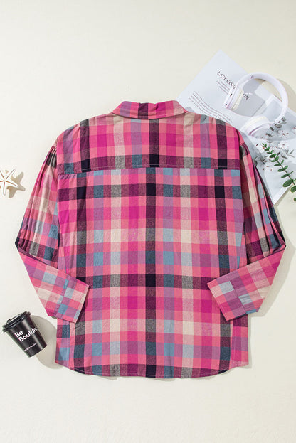 Chic rose stripe checkered print button-up shirt for plus sizes