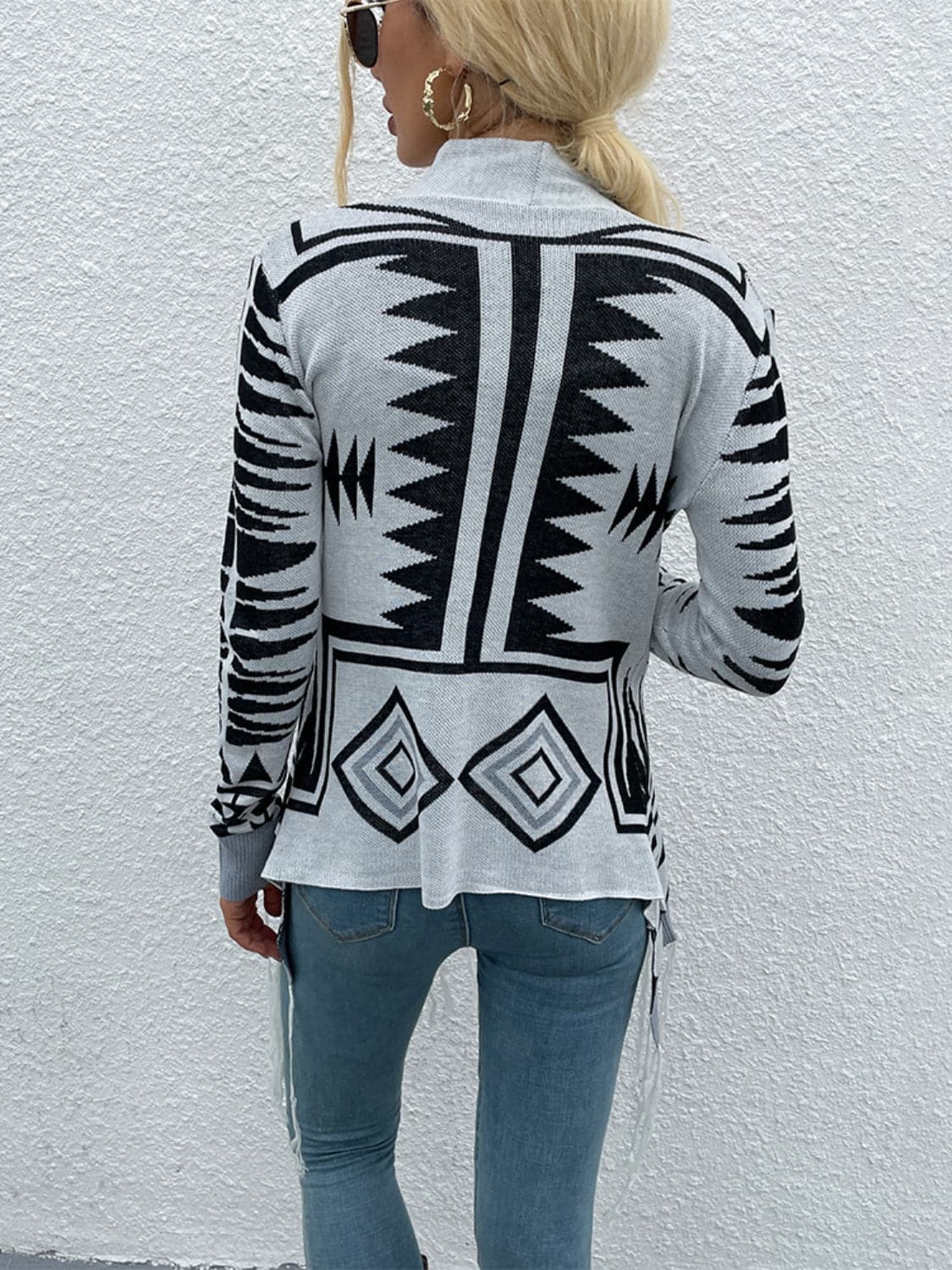 Geometric Fringe Hem Open Front Cardigan.