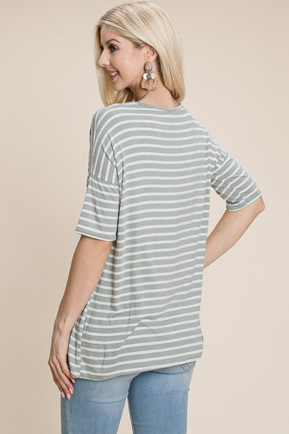 BOMBOM Striped Round Neck T-Shirt.