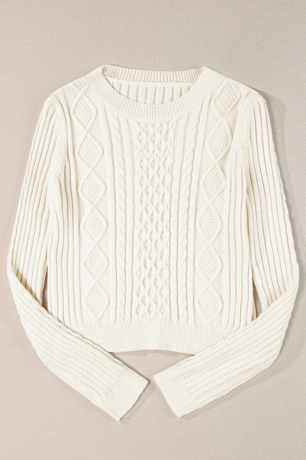 Cable-Knit Round Neck Long Sleeve Sweater.