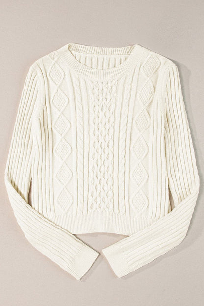 Cable-Knit Round Neck Long Sleeve Sweater.