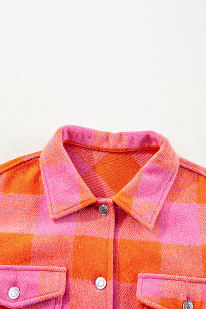 Orange plaid button-up jacket with chest pockets and turn-down collar