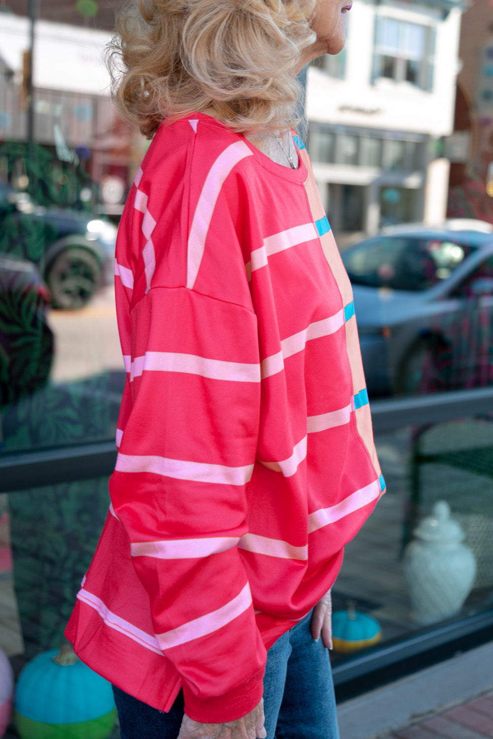 Chic rose stripe color block long sleeve plus size tee