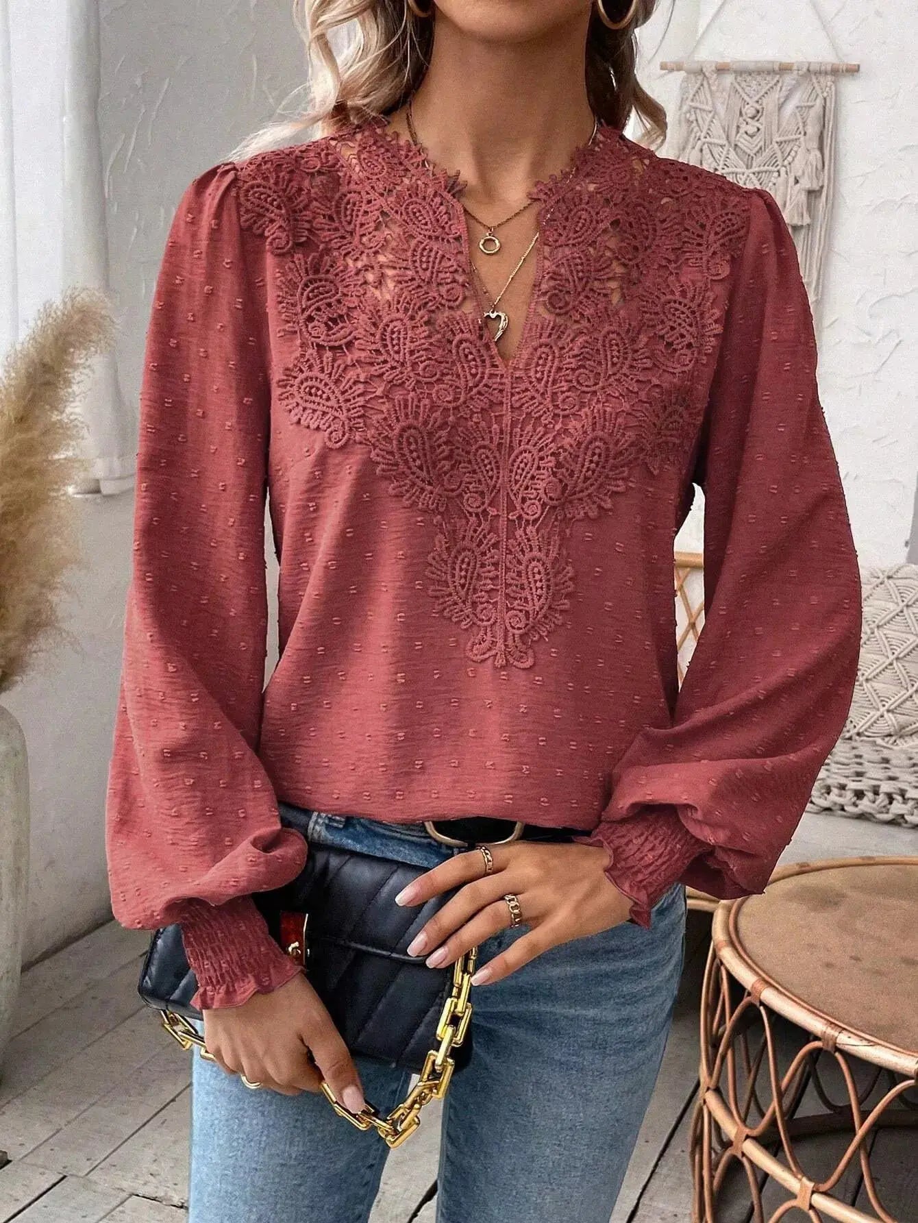 Lace Trim Long Sleeve Blouse Simply Love
