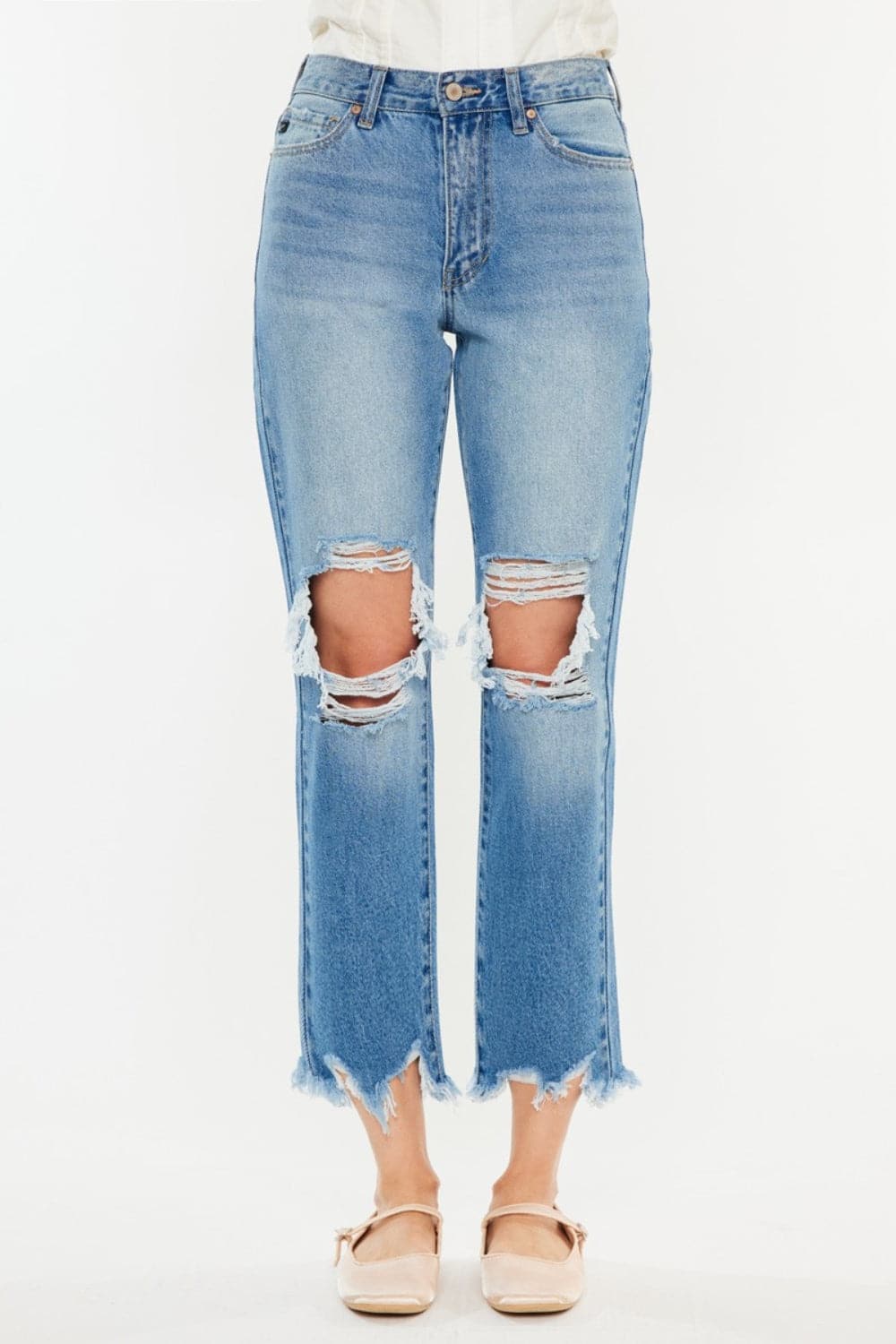 Kancan Distressed Frayed Hem Cropped Jeans.