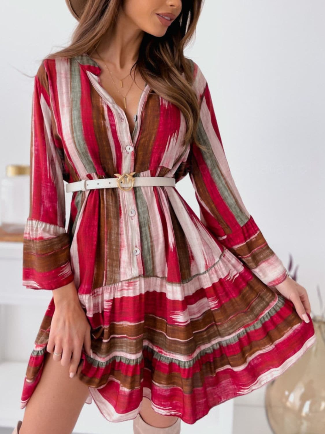 Chic button-up striped mini dress with long sleeves