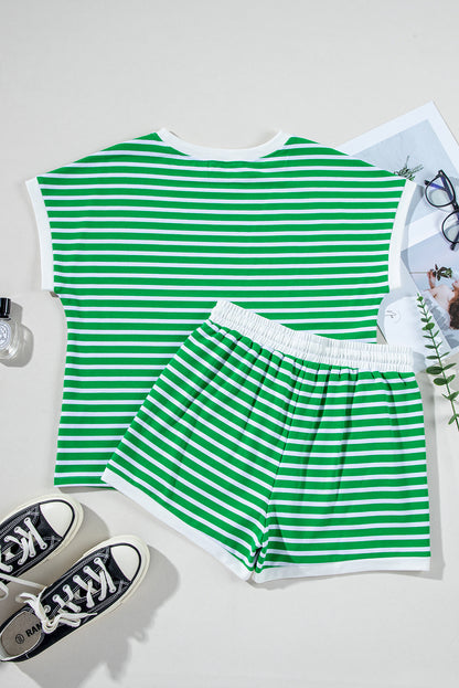 Dark Green Striped Cap Sleeve Top and Shorts Ensemble