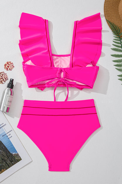 Flirty Rose Red Ruffled Two-Piece Bikini Set with Tie-Back Design