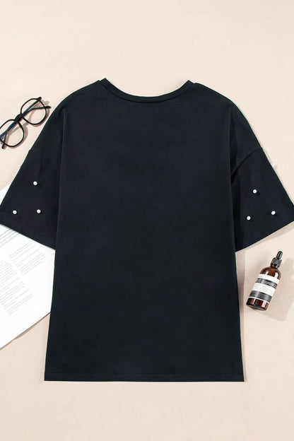 Pearl Beaded Round Neck Half Sleeve T Shirt