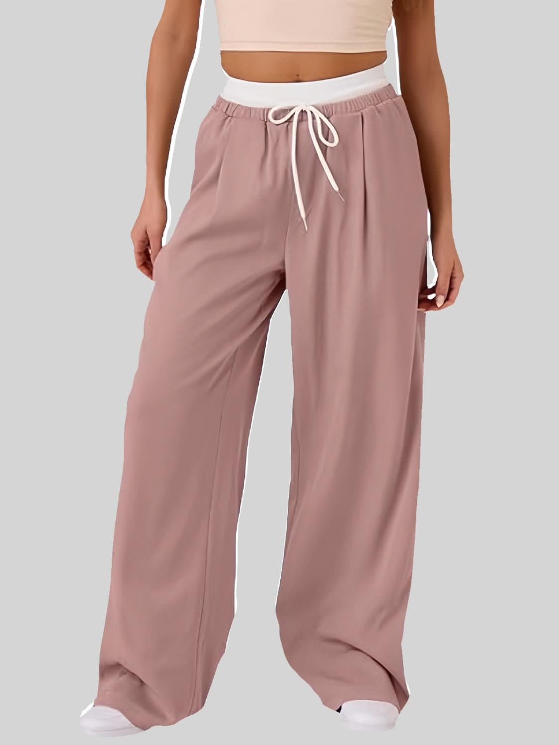 Contrast Waistband Drawstring Wide Leg Pants