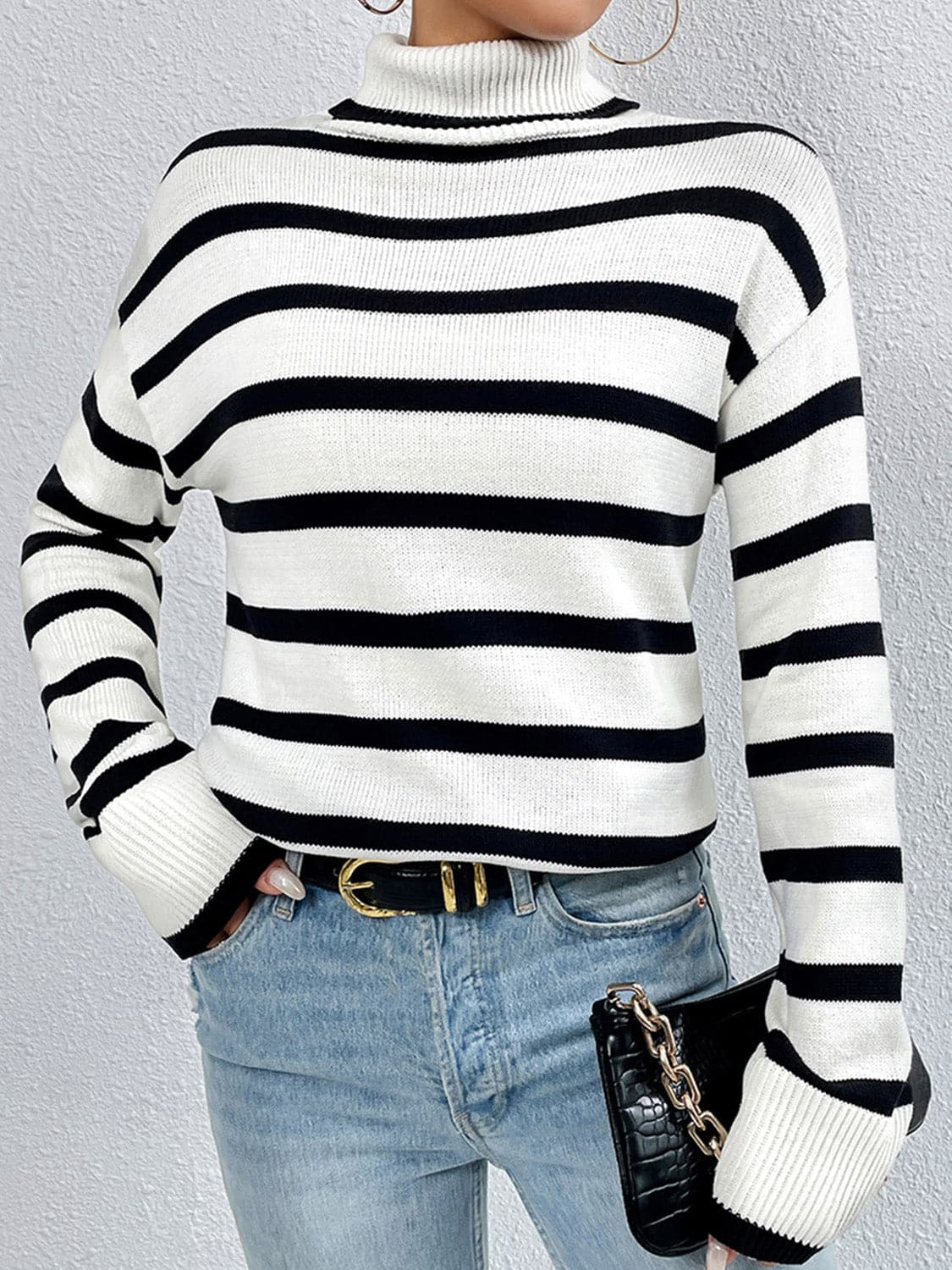 Striped Turtleneck Long Sleeve Sweater.