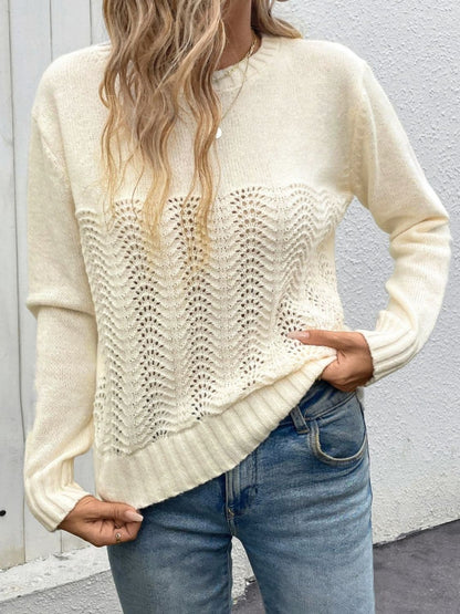 Openwork Round Neck Long Sleeve Sweater.