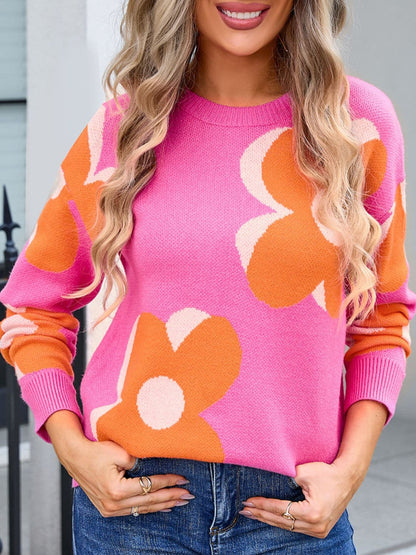 Floral print round neck long sleeve pullover sweater