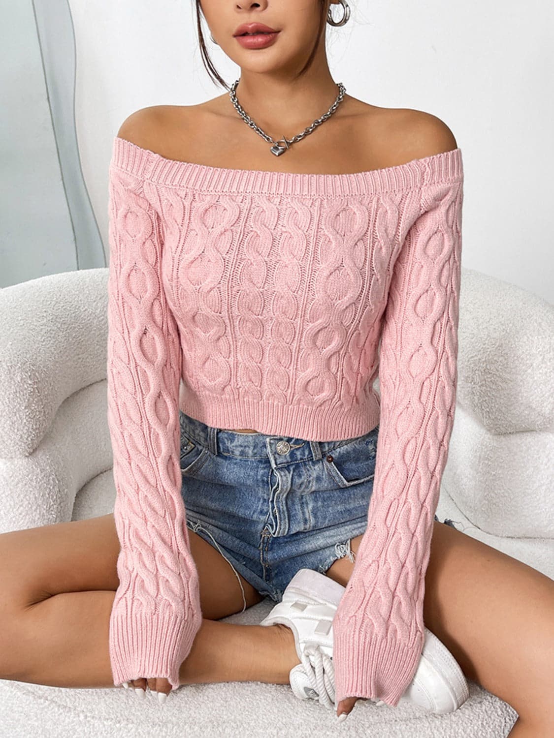 Cable-Knit Off-Shoulder Long Sleeve Knit Top.