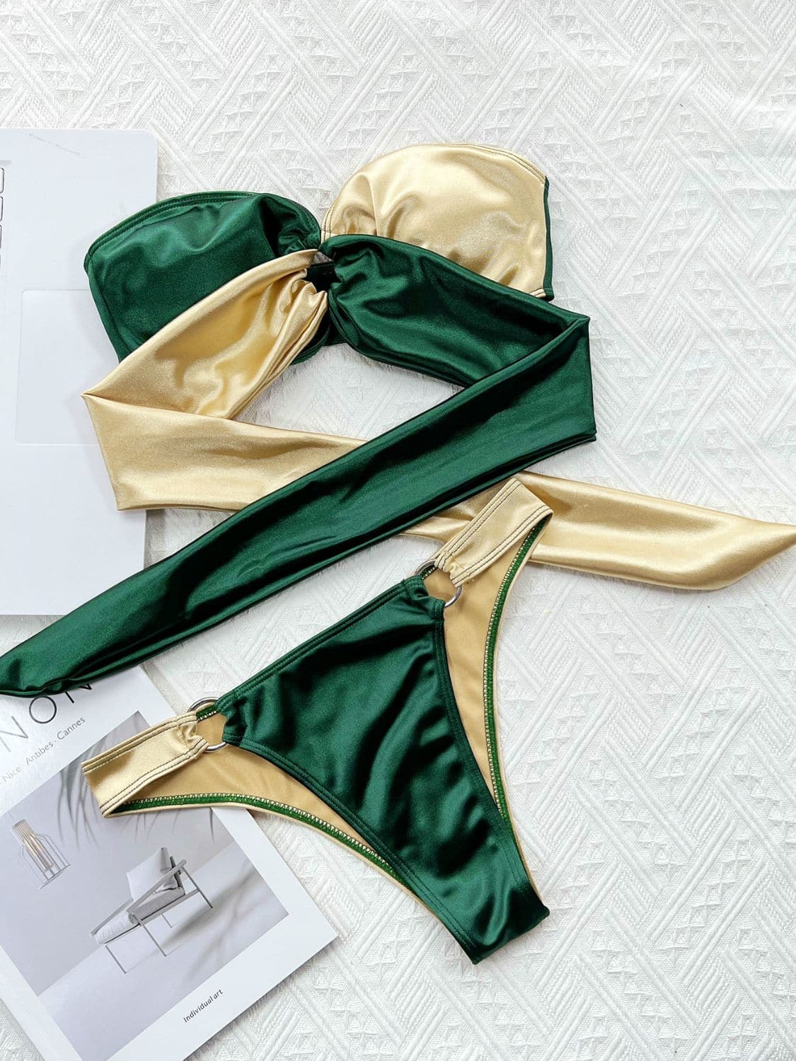 Two-Tone Ring Detail Tied Bikini Set.