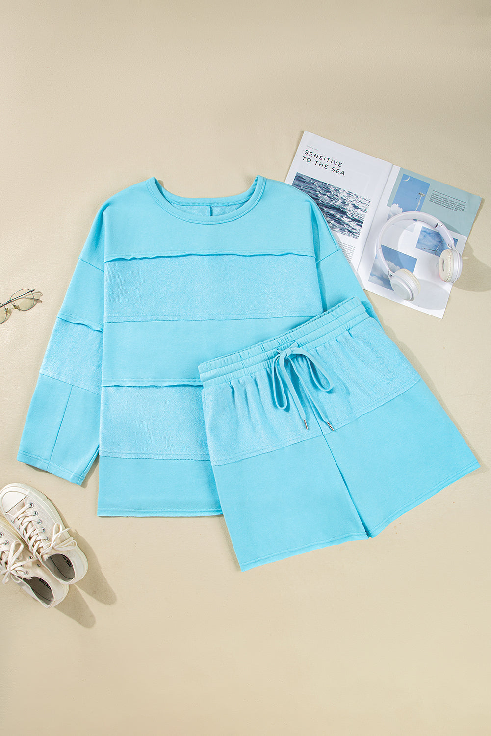 Premium Aruba Blue Plus Size Solid Color Splicing Raw Hem Pullover Top Shorts Set Dear-Lover Dropshipping
