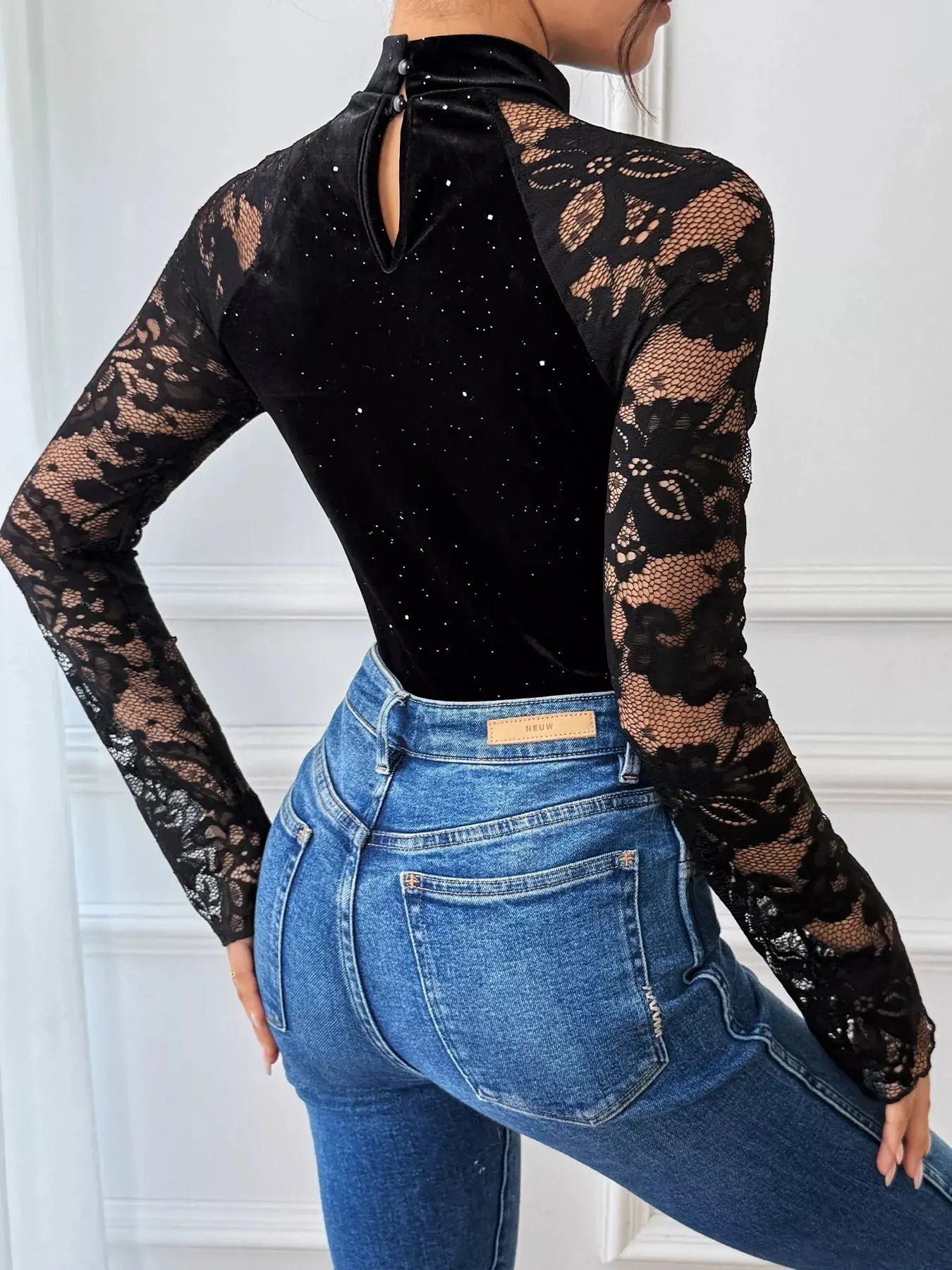 Lace Mock Neck Bodysuit With Sheer Lace Sleeves And Sparkling Details Simply Love