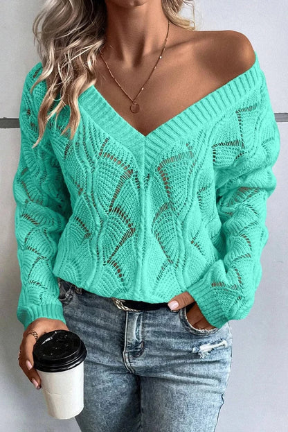 Openwork V-Neck Long Sleeve Sweater.