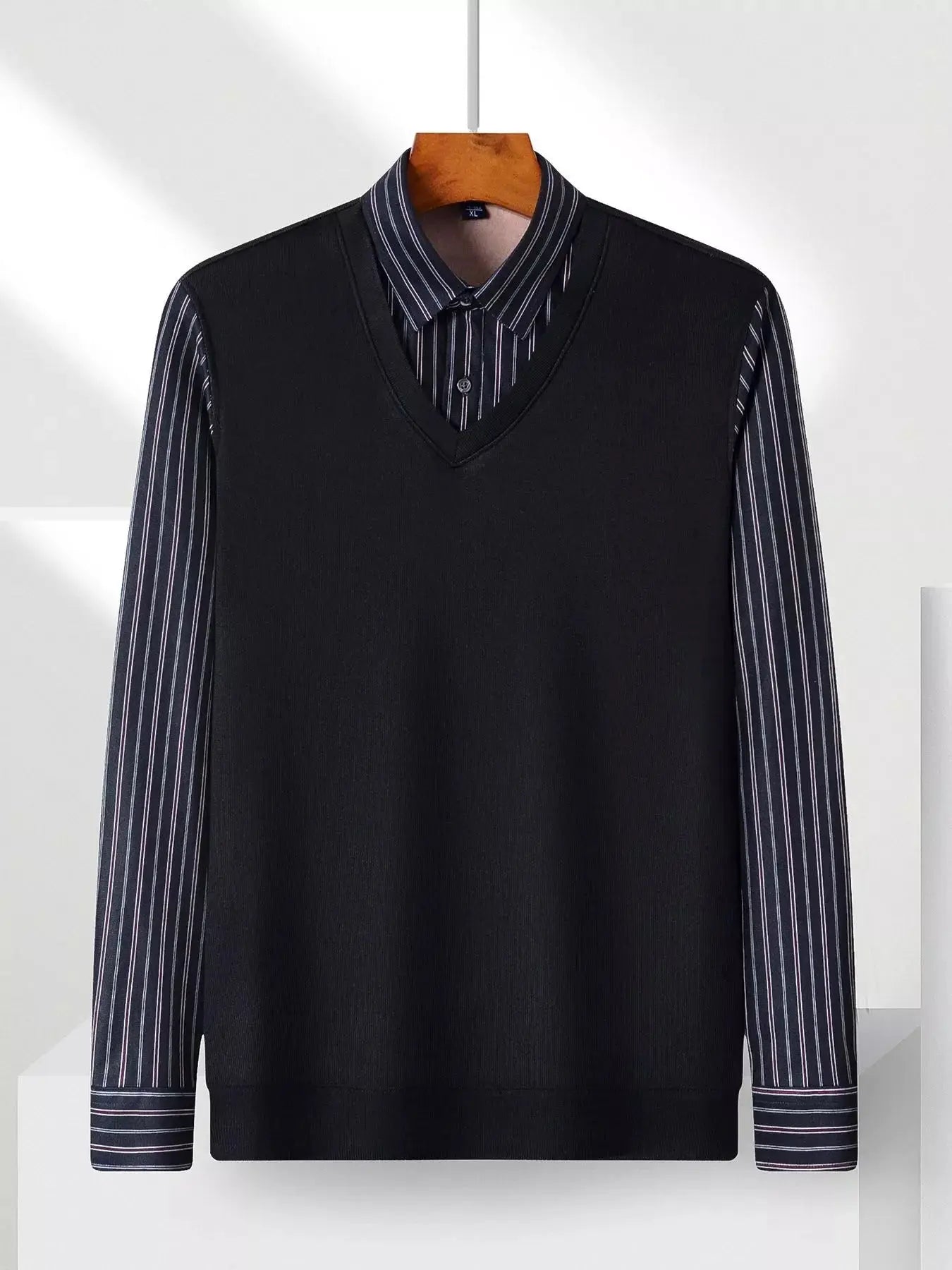 Men's Plus Size Striped Long Sleeve Fake Two Piece Knit Top Simply Love