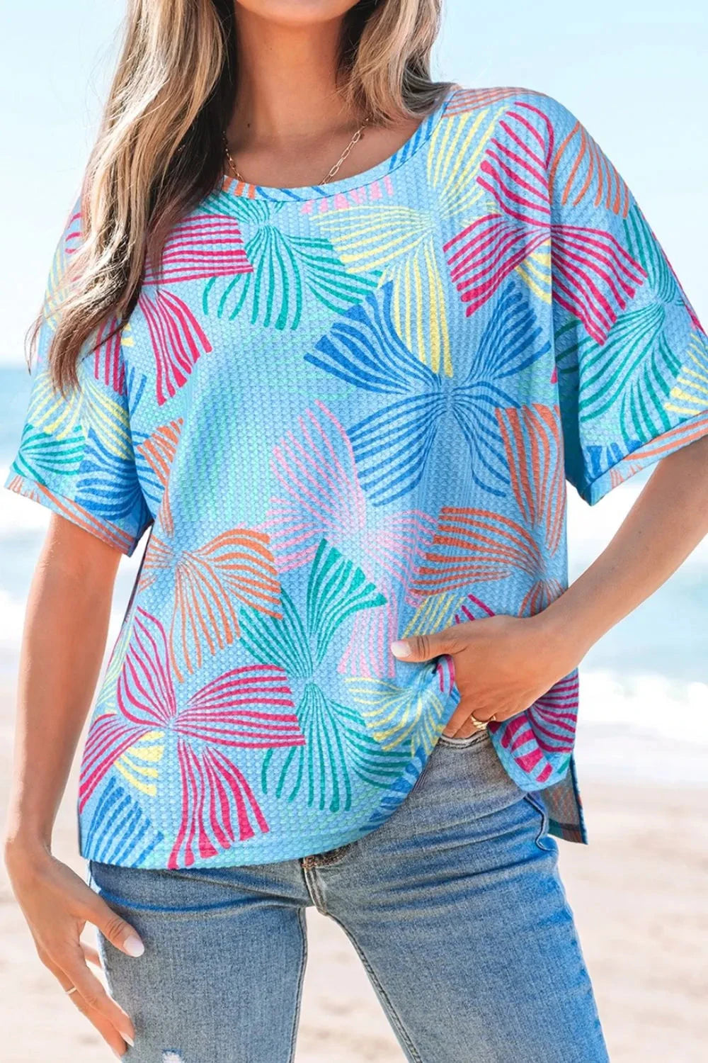 Printed Round Neck Half Sleeve Top Simply Love
