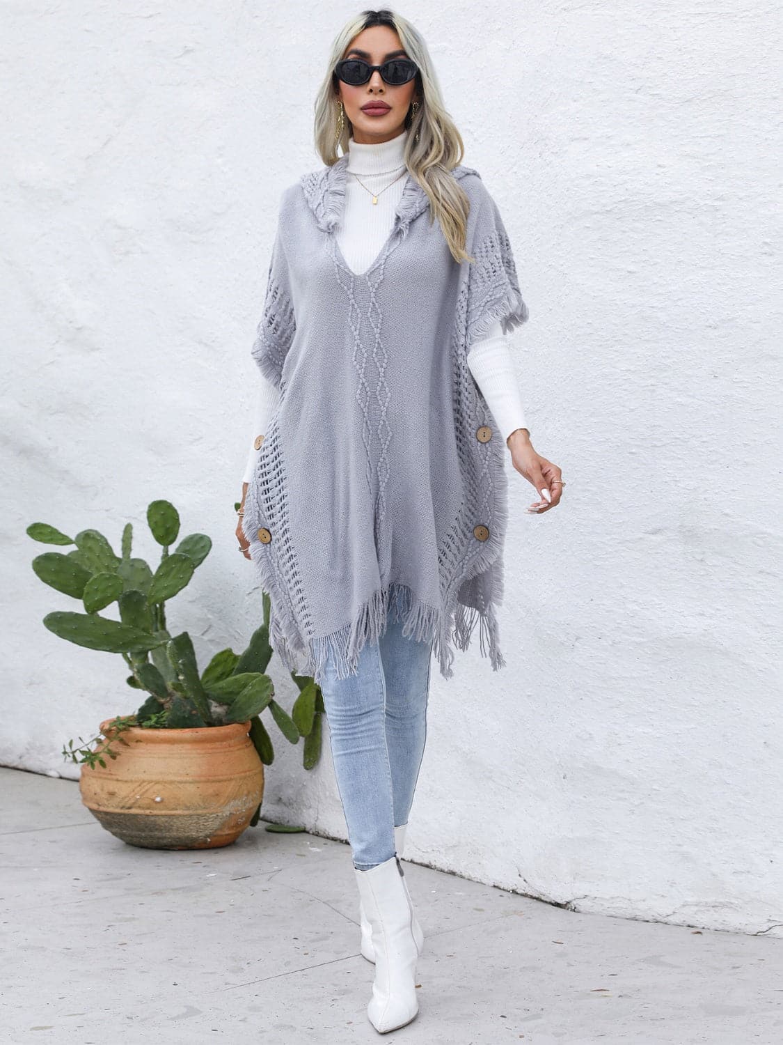 Fringe Trim Buttoned Hooded Poncho.