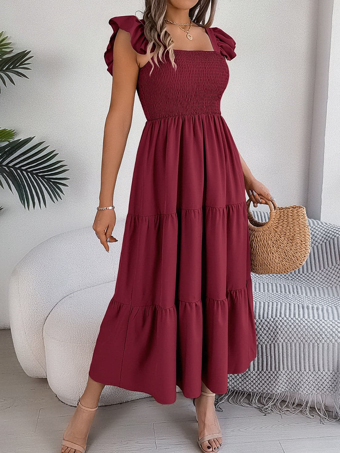 Smocked Square Neck Cap Sleeve Midi Dress.