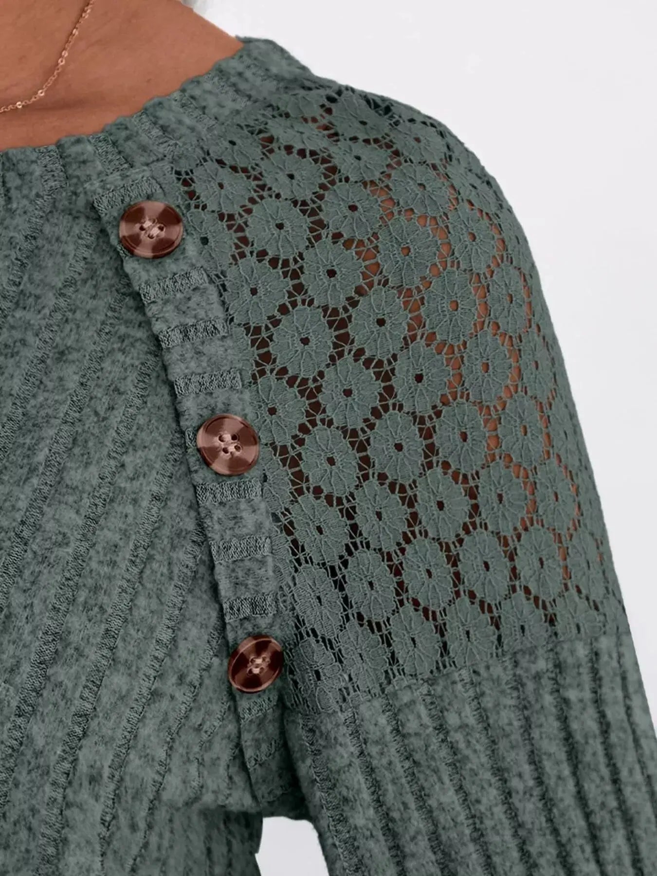 Ribbed Knit T-Shirt with Lace Shoulder Detail Simply Love