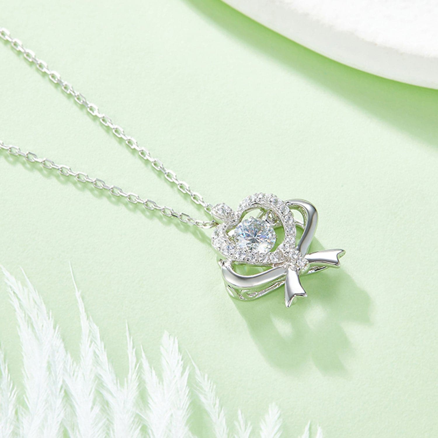 Moissanite 925 Sterling Silver Bow & Heart Necklace.