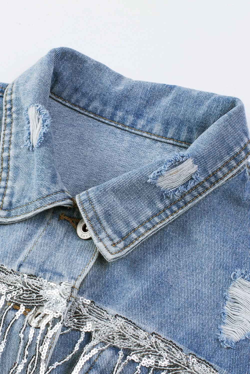 Sequin Fringe Trim Distressed Button Up Denim Jacket