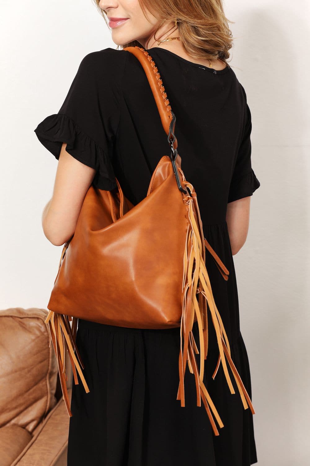 SHOMICO PU Leather Fringe Detail Shoulder Bag.