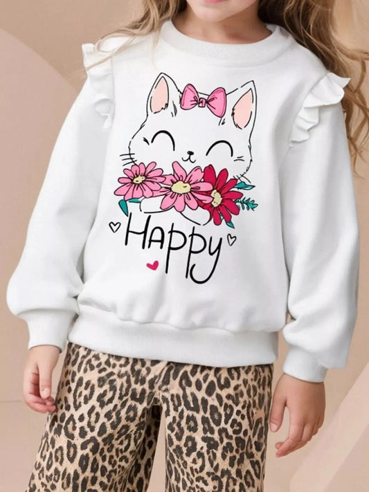 Children's Cat Graphic Ruffle Sleeve Sweatshirt 100 Percent Cotton Simply Love