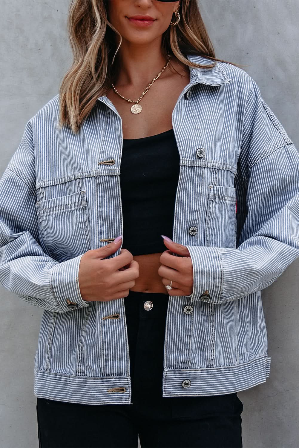 Sky Blue Stripe Washed Oversize Pocketed Denim Jacket - Love Salve 