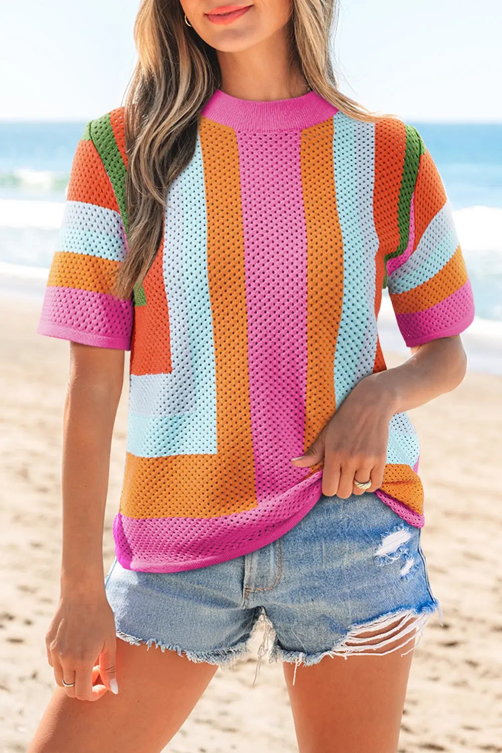 Marianna Eyelet Colorblock Casual Sweater Top - Love Salve 