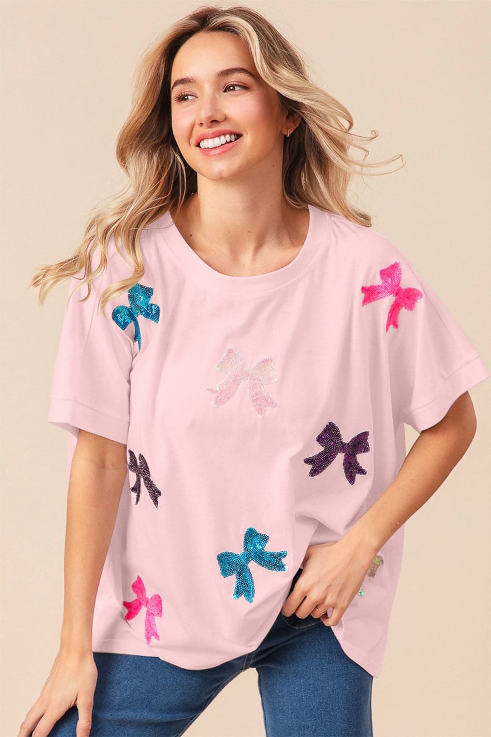 BiBi Sequin Bow Patch Short Sleeve T-Shirt.