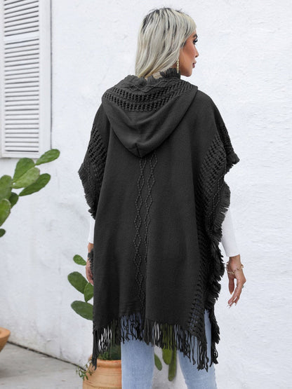 Fringe Trim Buttoned Hooded Poncho.