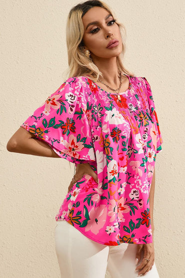 Smocked Printed Round Neck Half Sleeve Blouse.