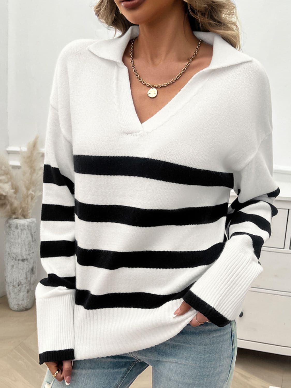 Striped Collared Neck Long Sleeve Sweater.