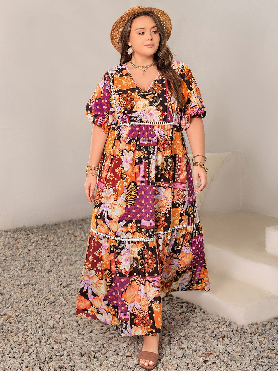 Plus Size Printed V-Neck Half Sleeve Maxi Dress.