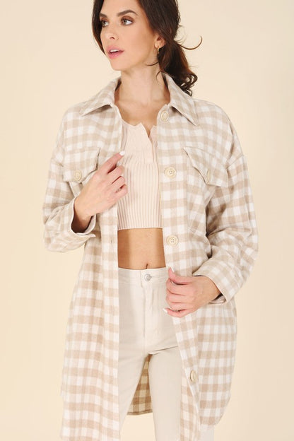 Plaid long shacket with functional buttons