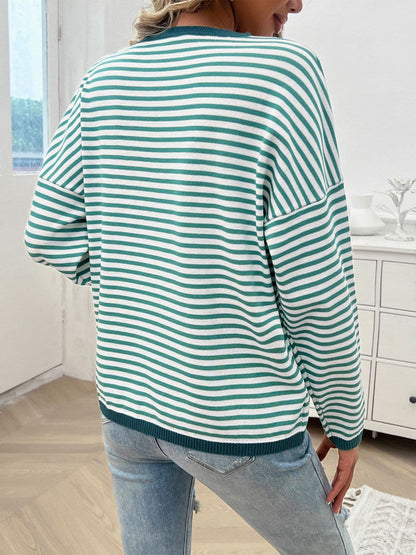 Striped Round Neck Dropped Shoulder Sweater.