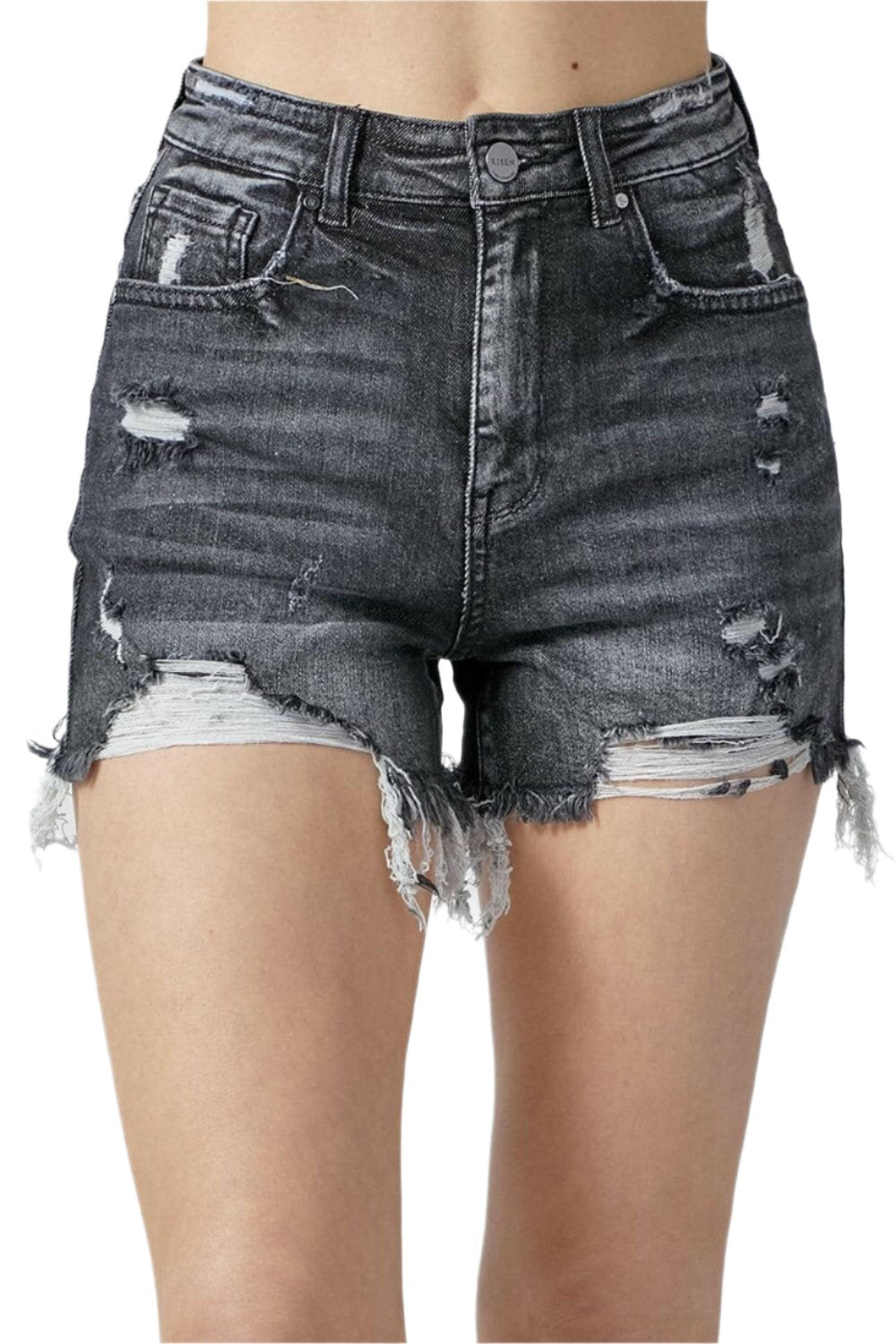 RISEN Full Size High Rise Distressed Denim Shorts.