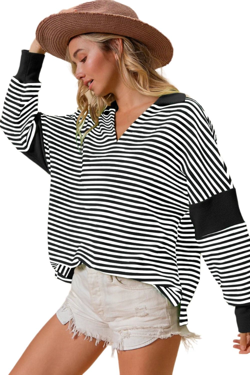 BiBi Striped Contrast Long Sleeve Knit Top.