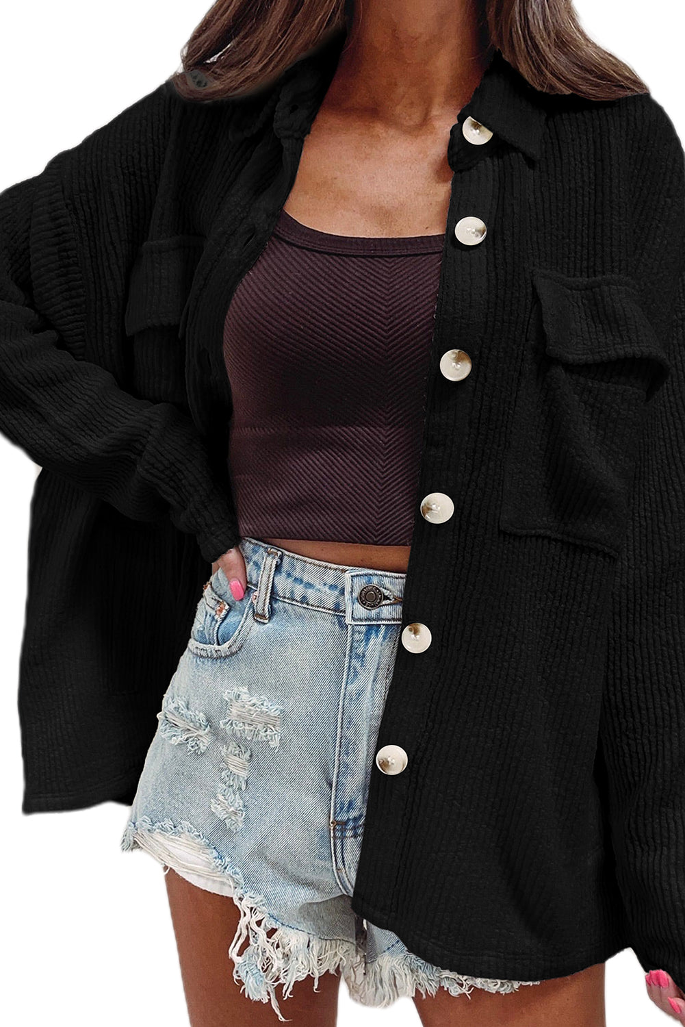 Chic black corduroy long sleeve shacket with button closure and pockets