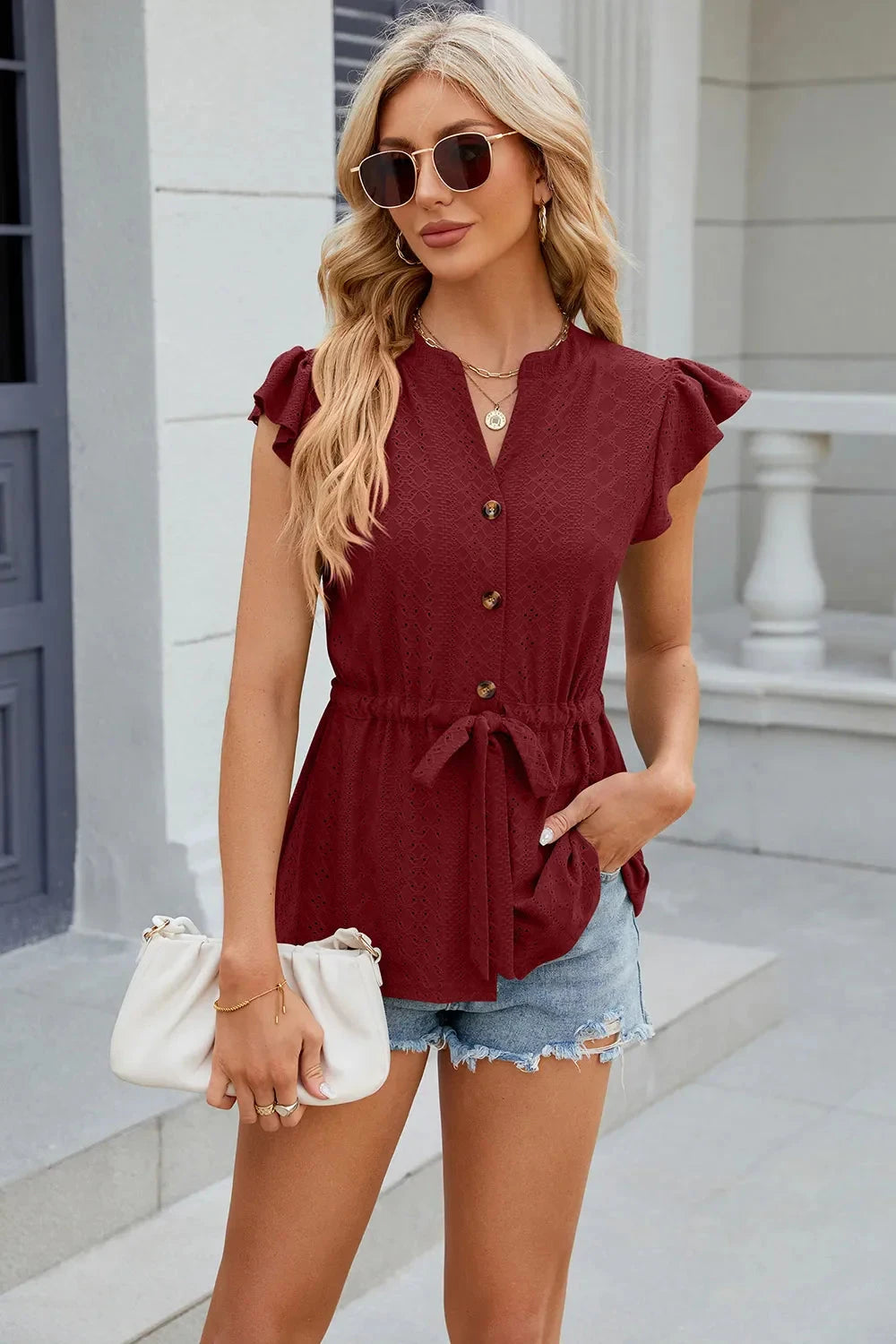 Eyelet Notched Cap Sleeve Blouse Coco’s Tee Boutique