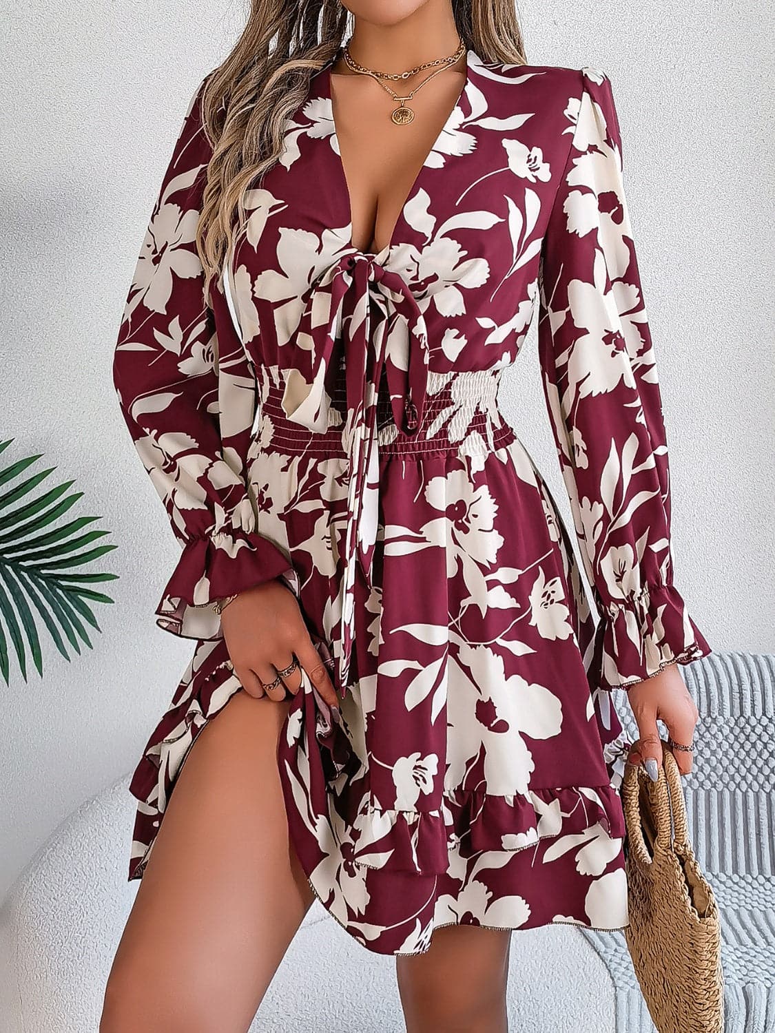 Tied Ruffled Printed Long Sleeve Dress.